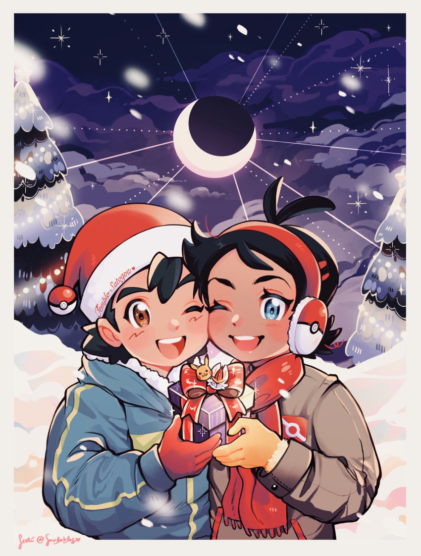 2boys ;d antenna_hair ash_ketchum bangs black_hair blue_eyes blush brown_eyes christmas cloud commentary crescent_moon earmuffs english_commentary gloves goh_(pokemon) hat highres holding hood hood_down hooded_jacket jacket male_focus moon multiple_boys night one_eye_closed open_mouth outdoors pokemon pokemon_(anime) pokemon_journeys red_gloves red_headwear red_scarf santa_hat scarf short_hair sky smile snow soulubles teeth tongue tree twitter_username upper_teeth_only watermark yellow_gloves