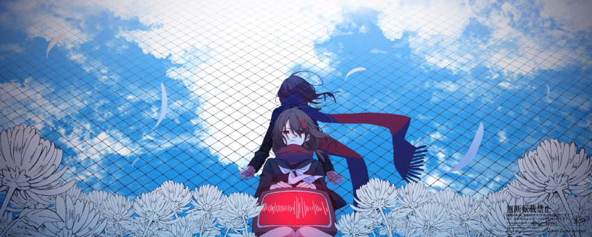 2girls bangs black_sailor_collar black_serafuku blue_sky brown_hair chain-link_fence clone cloud cloudy_sky eiku eyes_visible_through_hair facing_away feathers feet_out_of_frame fence field floating_hair flower flower_field frown hair_ornament hair_over_one_eye hairclip half-closed_eyes highres holding_television kagerou_project knees_together_feet_apart long_sleeves looking_at_viewer multiple_girls neckerchief outdoors parted_lips red_eyes red_scarf sailor_collar scarf school_uniform serafuku signature sitting sky sound_wave standing tateyama_ayano twitter_username web_address white_flower white_neckerchief wide_shot