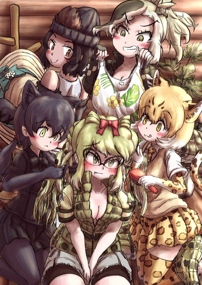 5girls :&lt; :q animal_ears animal_print bangs bare_arms beanie behind_another black_hair black_leopard_(kemono_friends) blonde_hair blush bow breasts brushing_another's_hair brushing_hair c: camisole cleavage closed_mouth collared_vest comb crocodilian_tail elbow_gloves extra_ears fang fang_out glasses gloves gorilla_(kemono_friends) green_eyes green_hair grin hair_between_eyes hair_bow hairdressing hat high_ponytail highres holding holding_clothes holding_comb indoors jacket kemono_friends kemono_friends_3 kneeling leopard_(kemono_friends) leopard_ears leopard_girl leopard_print leopard_tail long_hair long_sleeves looking_at_another medium_breasts medium_hair miniskirt multicolored_hair multiple_girls necktie orange_eyes pantyhose pleated_skirt print_gloves print_necktie print_skirt print_thighhighs saltwater_crocodile_(kemono_friends) shirt short_sleeves sitting skin_fang skirt smile spectacled_caiman_(kemono_friends) sweater_vest tail tan teriiman thighhighs tongue tongue_out unzipped v_arms vest white_hair yellow_eyes zettai_ryouiki zipper zipper_pull_tab