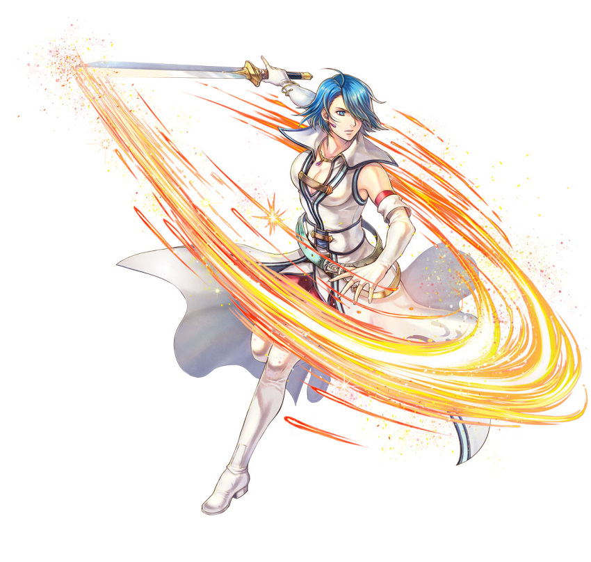 1girl blue_eyes blue_hair boots breasts cleavage elbow_gloves fingerless_gloves fire_emblem fire_emblem:_radiant_dawn fire_emblem_heroes gloves hair_over_one_eye jewelry leggings lucia_(fire_emblem) medium_breasts necklace parted_lips short_hair solo sword thigh_boots waistcoat weapon white_footwear