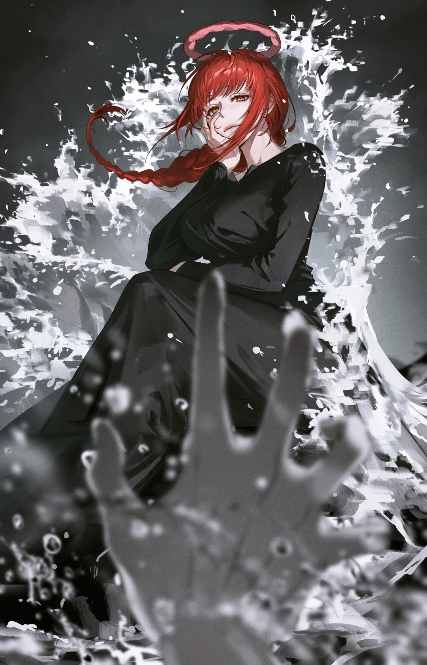 1girl absurdres ajrtkf44 black_dress blurry blurry_foreground chainsaw_man closed_mouth dress halo hand_on_own_face highres makima_(chainsaw_man) orange_eyes outstretched_hand red_hair ringed_eyes solo splashing water