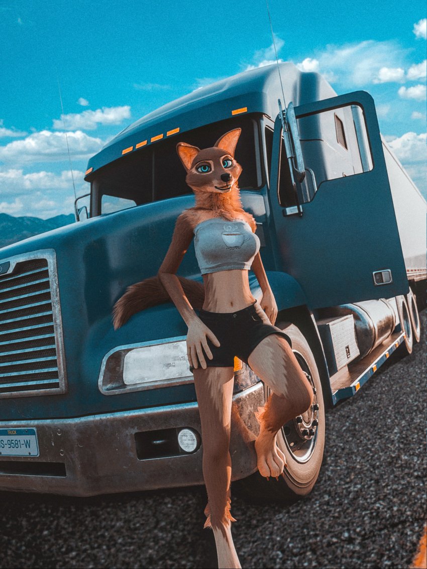 3d_(artwork) alexa_(maxlll7) ankle_tuft anthro black_bottomwear black_clothing black_lips black_nose black_shorts blue_eyes bottomwear canid canine canis chest_tuft claws clothed clothing cloud cutoffs denim denim_clothing digital_media_(artwork) digitigrade doomerslop dutch_angle female fingers fur grey_clothing grey_shirt grey_topwear hand_on_leg hand_on_thigh heavy_truck hi_res leg_tuft lips looking_at_viewer mammal midriff navel neck_tuft outside pavement paws pose road semi-trailer_truck shirt shorts sky smile solo standing tan_body tan_fur teeth tight_clothing tight_shirt tight_topwear toe_claws topwear truck_(vehicle) tube_top tuft vehicle wolf
