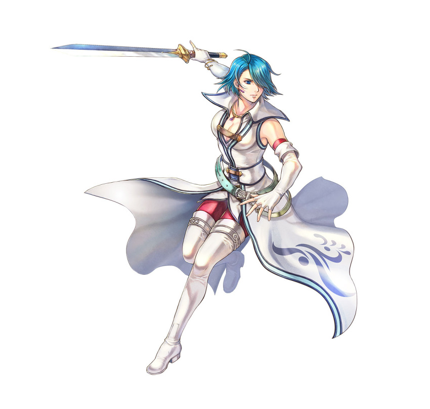 1girl blue_eyes blue_hair boots breasts cleavage elbow_gloves fingerless_gloves fire_emblem fire_emblem:_radiant_dawn fire_emblem_heroes gloves hair_over_one_eye jewelry leggings lucia_(fire_emblem) medium_breasts necklace short_hair solo sword thigh_boots waistcoat weapon white_footwear