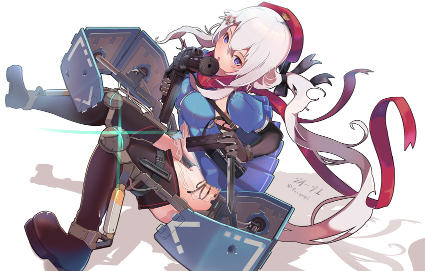 1girl 9a-91 9a-91_(girls'_frontline) absurdres assault_rifle beret black_panties blue_dress blue_eyes boots bow breasts character_name commentary_request dress exoskeleton full_body girls'_frontline gloves gun hair_between_eyes hair_bow hair_ornament hat highres holding holding_gun holding_knife holding_magazine holding_weapon knife long_hair looking_at_viewer magazine_(object) magazine_(weapon) medium_breasts open_mouth panties pez_(pezqaq1) red_headwear red_scarf rifle scarf see-through side-tie_panties solo string_panties suppressor thigh_boots twitter_username underwear weapon white_background white_hair