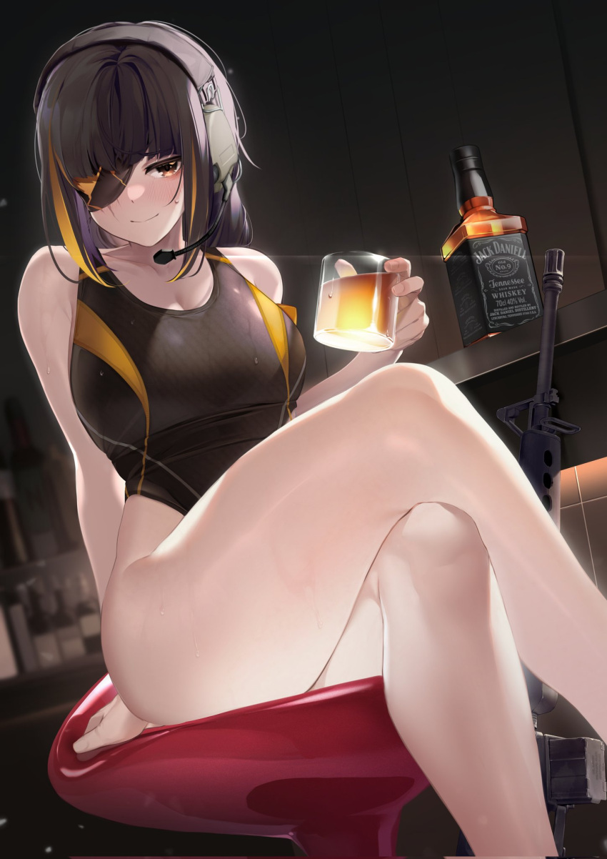 1girl alcohol assault_rifle bar_(place) bare_shoulders blonde_hair blush breasts brown_eyes brown_hair cleavage commentary crossed_legs cup english_commentary eyepatch feet_out_of_frame girls'_frontline glass gun headset highleg highleg_swimsuit highres holding holding_cup indoors jack_daniel's large_breasts legs long_hair looking_at_viewer m16a1 m16a1_(girls'_frontline) multicolored_hair nine_(kanine41) on_chair one-piece_swimsuit rifle scar scar_on_face sitting smile solo streaked_hair swimsuit thighs weapon wet whiskey