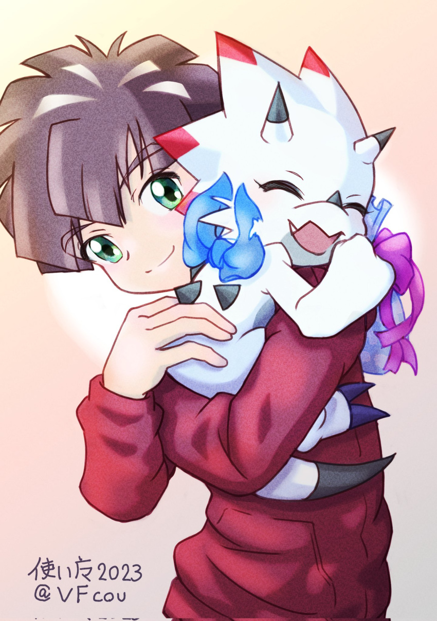 anthro bandai_namco bandanna blush brown_hair claws clothing digimon digimon_(species) digimon_ghost_game duo embrace eyes_closed gammamon gammamon_(ghost_game) green_eyes hair hi_res hiro_amanokawa holidays hoodie hug human kerchief male mammal smile topwear valentine's_day vfcou white_body