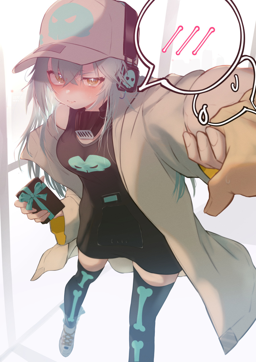 1girl @_@ absurdres antonina_(girls'_frontline_nc) aqua_hair baseball_cap black_dress black_thighhighs blush bone_print box breasts commentary_request dress foot_out_of_frame gift gift_box girls'_frontline girls'_frontline_neural_cloud hair_between_eyes hand_grab hat headphones highres holding holding_gift jacket labcoat long_hair looking_at_viewer mask mask_around_neck medium_breasts off_shoulder ryunosuke_nikaido shoes short_dress skull_print sleeveless sleeveless_dress sneakers spoken_blush thighhighs valentine white_headwear white_jacket yellow_eyes zettai_ryouiki