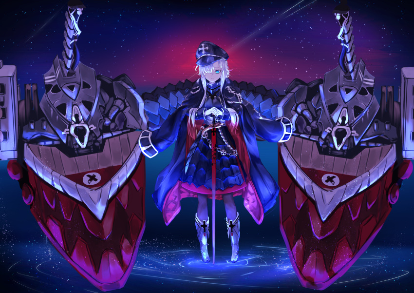 1girl absurdres armor armored_skirt artillery azur_lane black_coat blue_eyes breastplate coat coat_on_shoulders cross cvel_1014 hand_on_hilt hat highres iron_cross long_hair military_hat multicolored_hair night odin_(azur_lane) open_clothes open_coat padded_coat peaked_cap red_hair solo standing standing_on_liquid sword turret two-tone_hair weapon white_hair