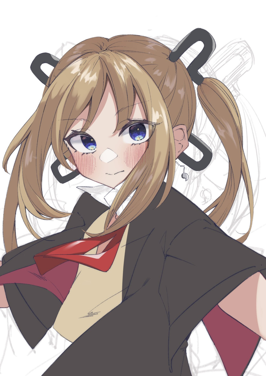 1girl black_jacket blue_eyes blush commentary_request dhuten eyes_visible_through_hair girls'_frontline hair_tubes highres jacket light_brown_hair long_hair looking_at_viewer shirt sidelocks skorpion_(girls'_frontline) solo twintails upper_body white_background yellow_shirt