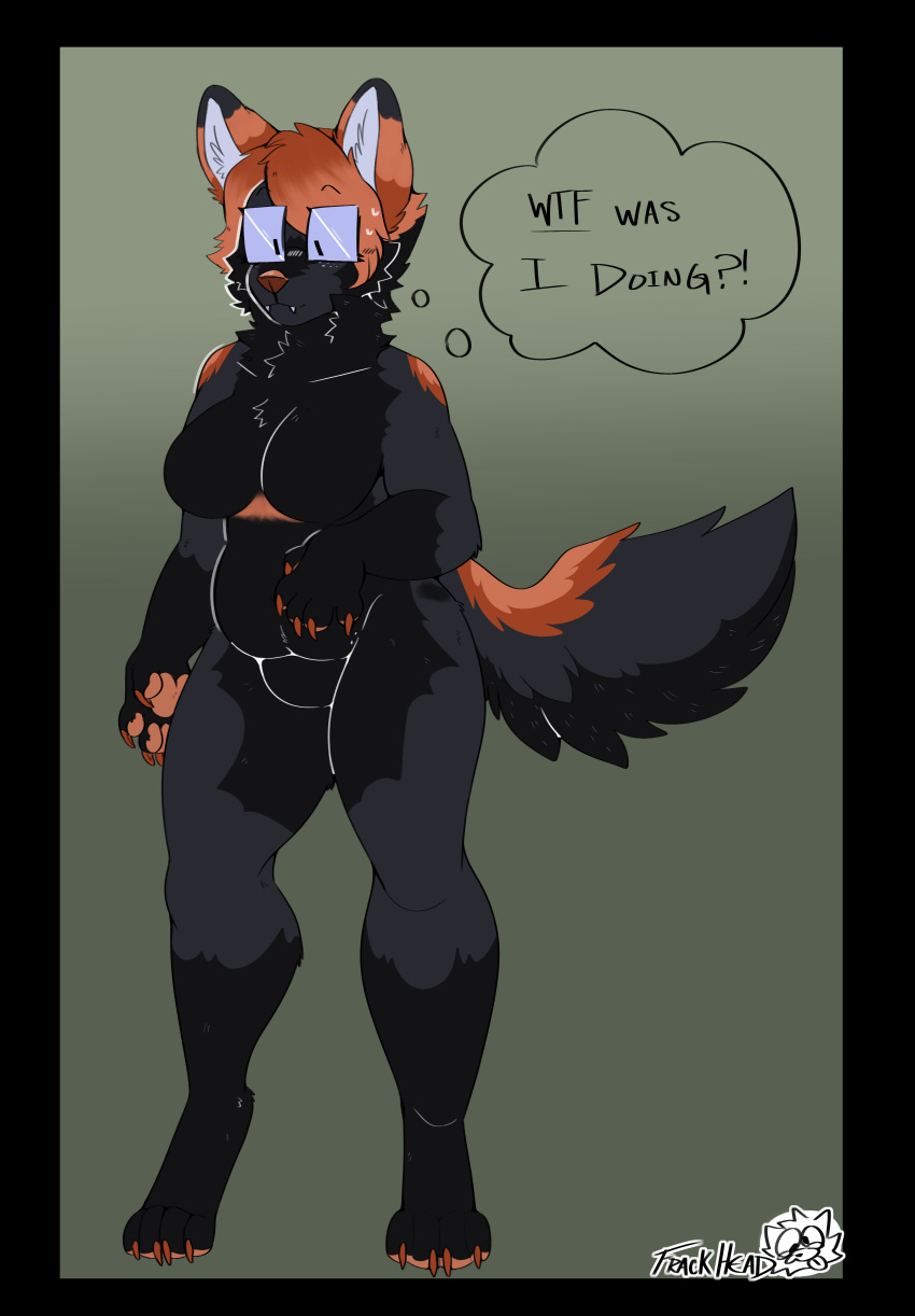 absurd_res anthro black_body black_fur canid canine cross_fox eyewear eyewear_on_head fangs female fox frackhead fur glasses glasses_on_head grace_(frackhead) hair hi_res mammal orange_body orange_fur orange_hair pawpads paws red_fox solo teeth