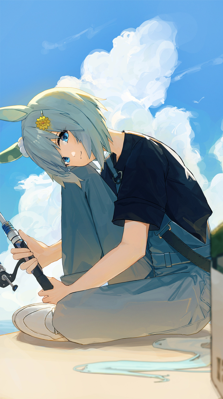 1girl animal_ears black_shirt blue_eyes blue_overalls blue_sky closed_mouth ear_covers fishing fishing_rod hair_ornament hairclip highres horse_ears horse_girl horse_tail looking_at_viewer looking_to_the_side ningen_gokko outdoors overalls seiun_sky_(umamusume) shirt shoes short_hair short_sleeves single_ear_cover sky sneakers solo tail umamusume white_footwear