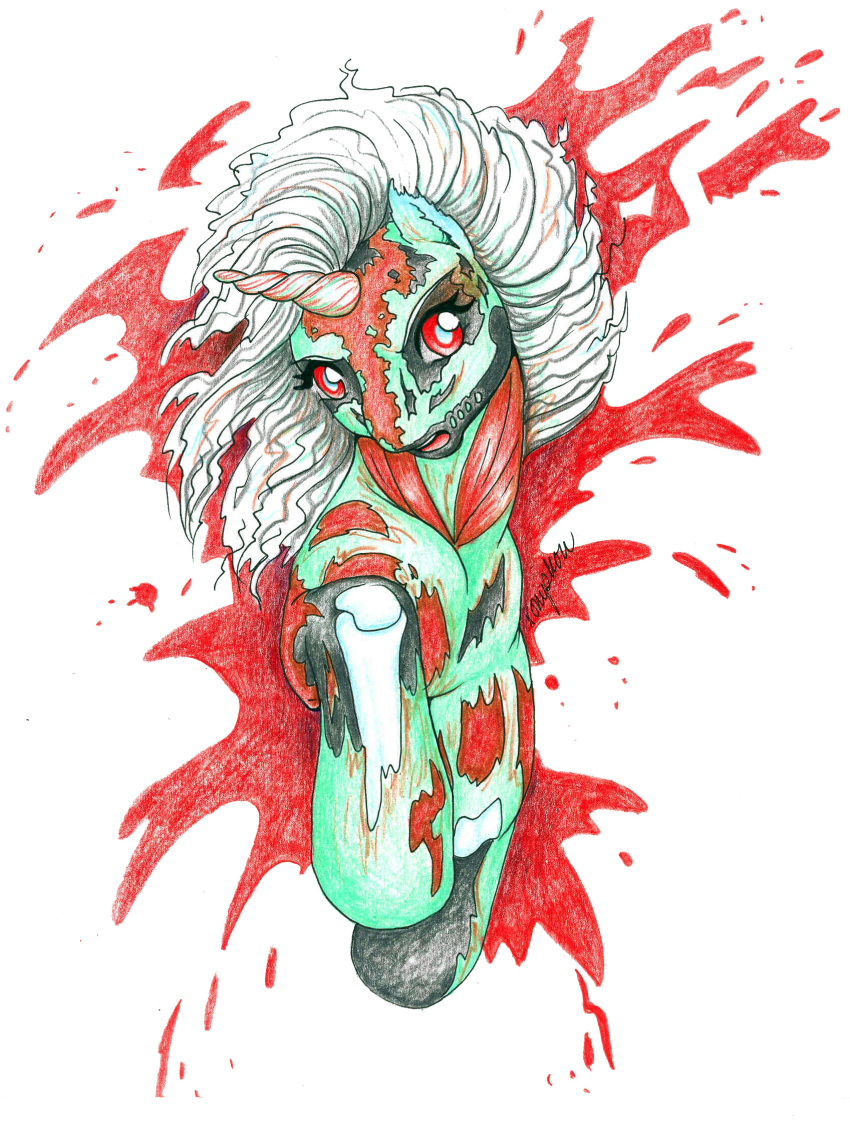 2006 ambiguous_gender blood bodily_fluids bone equid equine feral gore green_body hair hasbro hi_res horn horse mammal mane my_little_pony pony pre-g4 qwaychou red_eyes solo undead unicorn unicorn_horn white_hair zombie