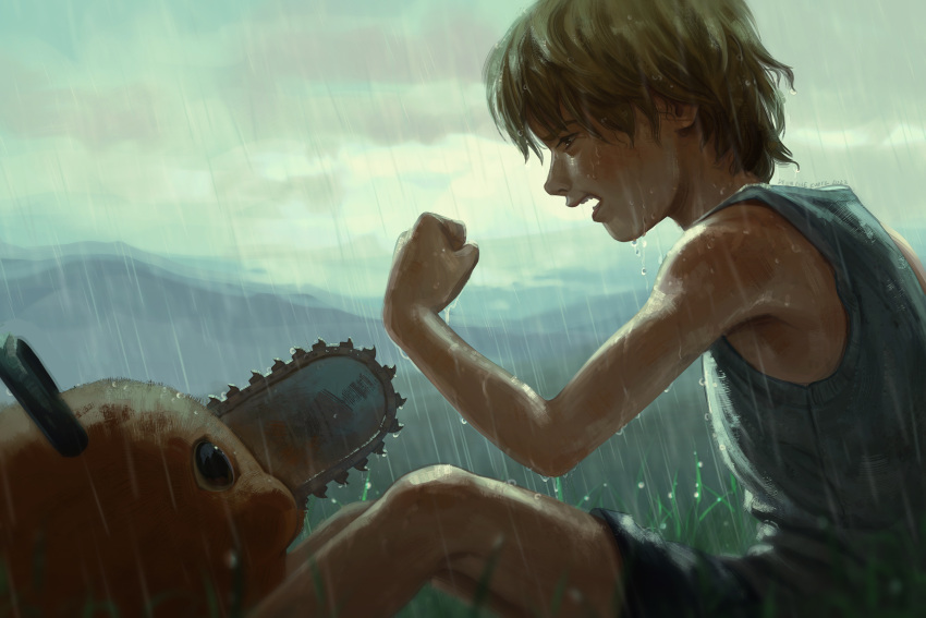 1boy aged_down blonde_hair blurry blurry_background brown_eyes chainsaw chainsaw_man clenched_hand cloud cloudy_sky commentary denji_(chainsaw_man) devin_elle_kurtz english_commentary from_side grass highres looking_at_another male_focus open_clothes pochita_(chainsaw_man) rain shirt short_hair shorts sky sleeveless sleeveless_shirt solo t-shirt teeth wet white_shirt