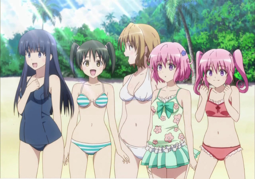 beach bikini black_hair blond_hair blonde_hair blue_eyes cap long_hair momioka_risa momo_velia_deviluke murasame_oshizu nana_asta_deviluke pink_hair purple_eyes sawada_mio school_swimsuit screencap short_hair swimsuit to_love-ru toloveru yellow_eyes