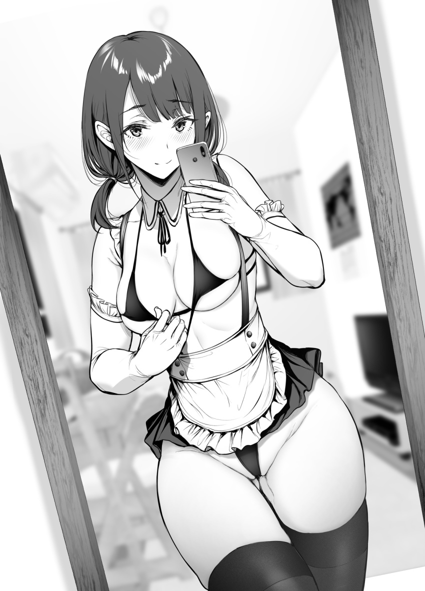 1girl apron bangs bare_shoulders bikini bikini_pull bikini_under_clothes blurry blurry_background blush breasts cellphone cleavage closed_mouth cowboy_shot depth_of_field detached_collar elbow_gloves eyebrows_visible_through_hair female_pov frilled_apron frilled_gloves frills gentsuki gloves greyscale groin hair_tie highres holding holding_cellphone holding_phone indoors long_hair looking_at_viewer low_twintails medium_breasts micro_bikini microskirt mirror monochrome original phone pov pulling reflection self_shot skindentation skirt smartphone smile solo suspender_skirt suspenders swimsuit taking_picture thighhighs twintails underboob upskirt waist_apron wide_hips