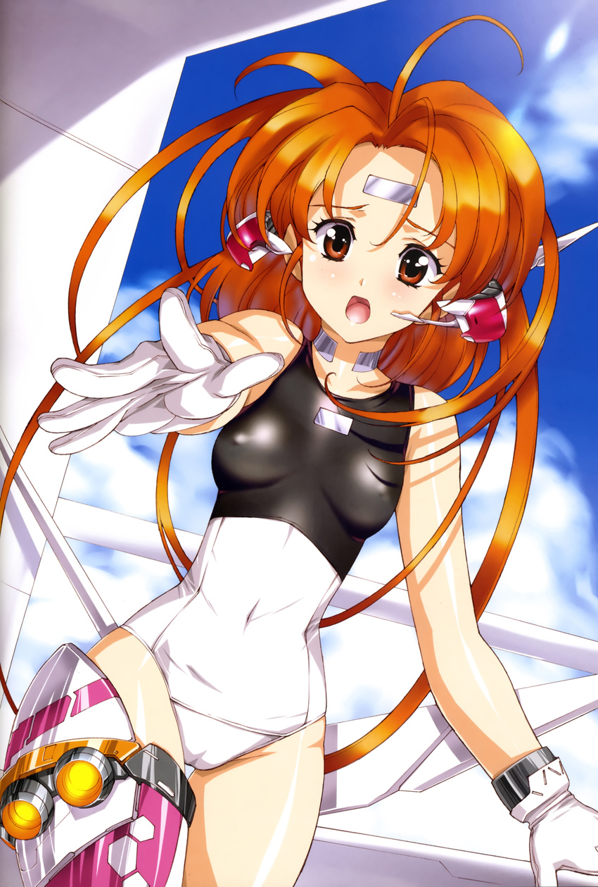 absurdres ahoge armor bare_shoulders breasts cameltoe choker cloud copyright_request covered_nipples day facial_mark forehead_mark gloves headset highres long_hair open_mouth orange_hair outstretched_arm outstretched_hand reaching red_eyes school_swimsuit sky small_breasts solo swimsuit swimsuit_costume thigh_gap urushihara_satoshi very_long_hair
