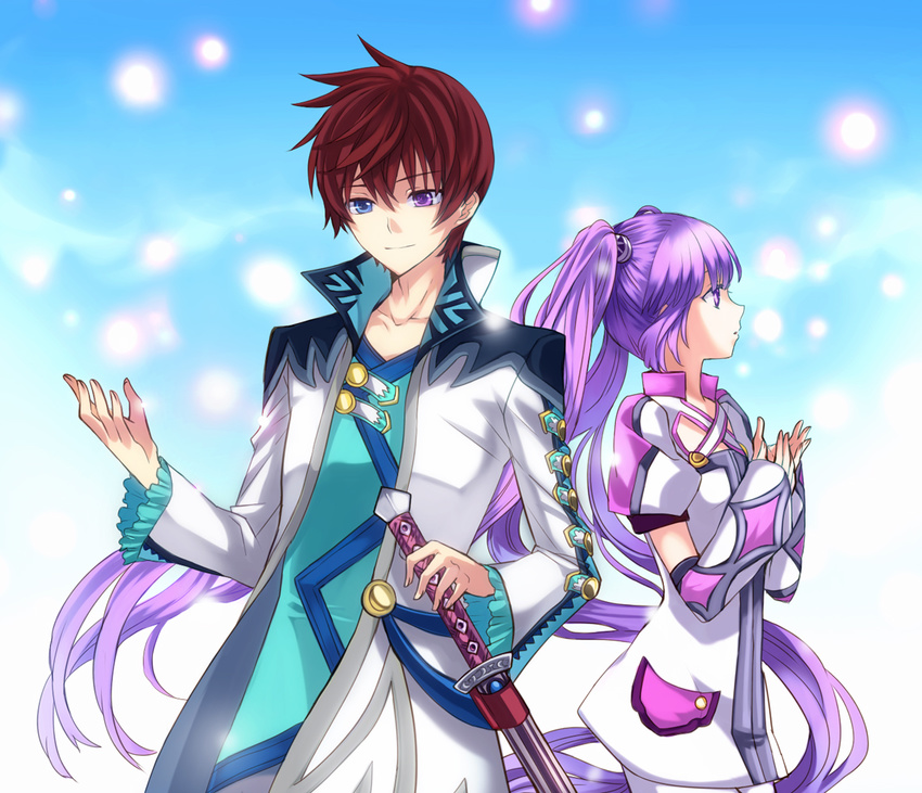 1girl aqua_background asbel_lhant heterochromia long_hair nanamura purple_hair sophie_(tales) sword tales_of_(series) tales_of_graces twintails very_long_hair weapon