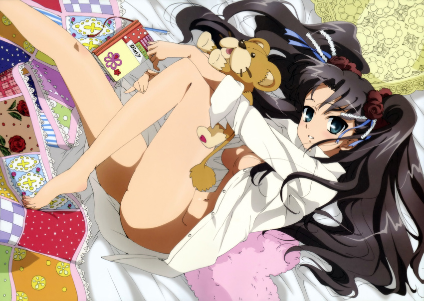 absurdres barefoot bed bottomless dress_shirt fate/stay_night fate_(series) highres lion long_hair long_legs looking_at_viewer lying naked_shirt no_bra no_panties official_art on_back on_bed open_clothes open_shirt pillow sadakata_kikuko shirt sleeves_folded_up solo stuffed_animal stuffed_lion stuffed_toy toosaka_rin two_side_up white_shirt