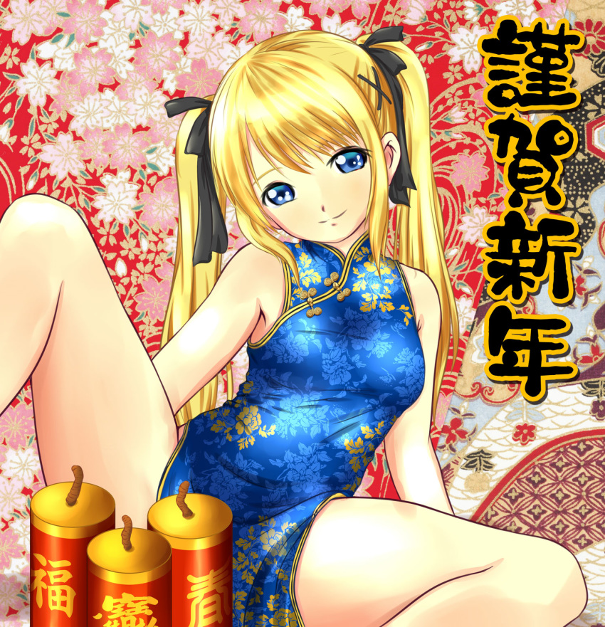 1girl alternate_costume bangs bare_legs black_ribbon blonde_hair blue_dress blue_eyes breasts china_dress chinese_clothes chinese_new_year commentary dead_or_alive dead_or_alive_5 dress english_commentary floral_print hair_ornament hair_ribbon head_tilt highres long_hair marie_rose navi-loxia no_panties ribbon sitting sleeveless sleeveless_dress small_breasts smile solo spread_legs twintails x_hair_ornament