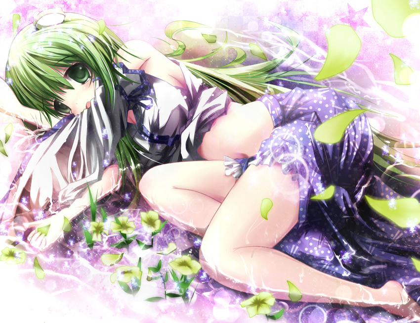 bad_id bad_pixiv_id barefoot detached_sleeves flower frog green_eyes green_hair hair_ornament kochiya_sanae long_hair lying midriff missile228 navel solo submerged touhou water