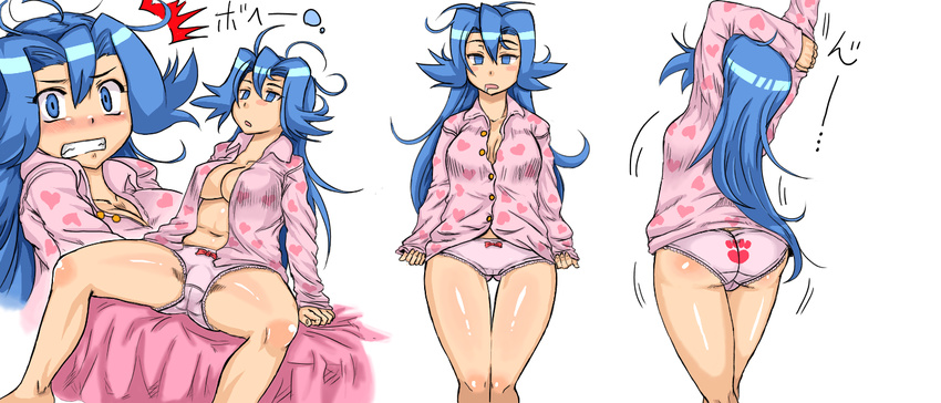 1girl alternate_hairstyle ass back-print_panties bed blue_hair blush bow bow_panties breasts cleavage clenched_teeth drooling embarrassed empty_eyes ibuki_(pokemon) kitsune-tsuki_(getter) large_breasts long_hair multiple_views no_bra no_pants open_clothes open_shirt panties pants pink_panties plump pokemon pokemon_(game) pokemon_gsc print_panties saliva shiny shirt sitting sleepy slovenly spread_legs surprised teeth thigh_gap thighs underwear