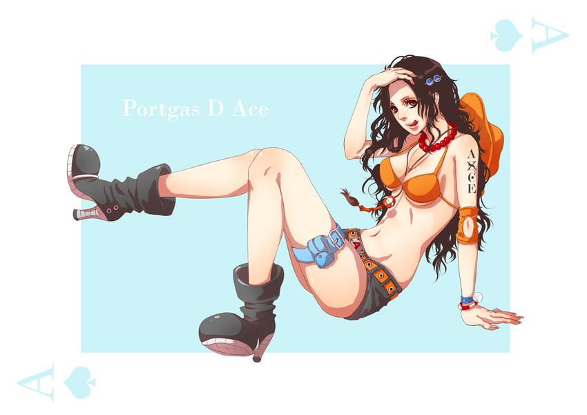 bikini_top black_hair boots breasts cleavage freckles genderswap genderswap_(mtf) hat jewelry layla_(coco&amp;chic) legs long_hair medium_breasts necklace one_piece portgas_d_anne shorts tattoo thigh_strap tongue