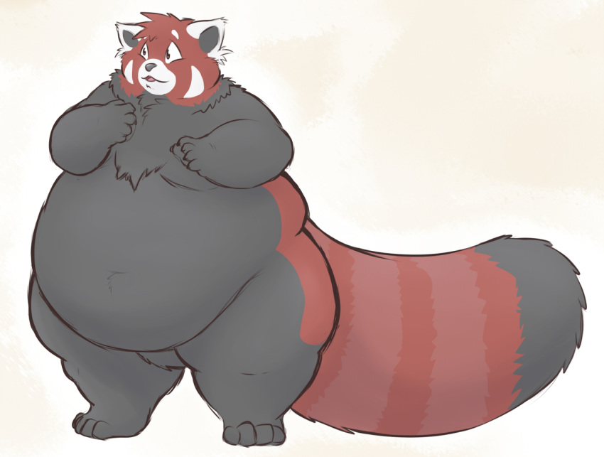 ailurid anthro belly belly_overhang big_belly black_fur catarsi chubby_cheeks claws fluffy fluffy_tail fur love_handles male mammal moobs navel nude obese obese_male open_mouth overweight overweight_male red_fur red_panda simple_background solo standing thick_thighs white_background white_fur wide_hips