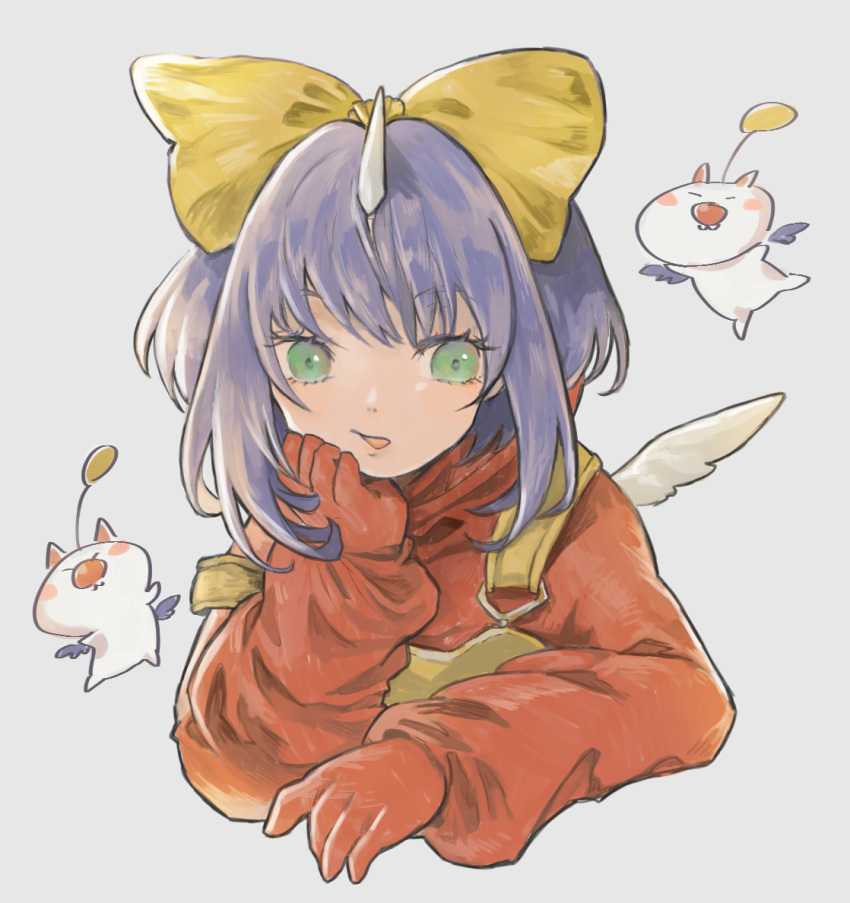 1girl angel_wings ari_awayuki bangs bodysuit bow cropped_torso eiko_carol final_fantasy final_fantasy_ix gloves green_eyes grey_background hair_bow hand_on_own_chin head_rest horns long_sleeves looking_at_viewer medium_hair mini_wings moogle open_mouth overalls purple_hair red_bodysuit red_gloves simple_background single_horn solo suspenders suspenders_slip upper_body white_wings wings yellow_bow yellow_overalls