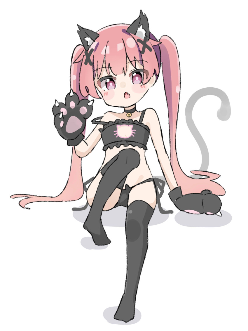 1girl :o animal_ear_fluff animal_ears animal_hands bangs bare_shoulders bell black_bra black_choker black_gloves black_panties black_thighhighs blush_stickers bra cat_cutout cat_ear_panties cat_ears cat_girl cat_lingerie cat_tail choker cleavage_cutout clothing_cutout commentary_request fang gloves hair_ornament head_tilt highres jingle_bell kapuru_0410 kemonomimi_mode knee_up long_hair looking_at_viewer meme_attire neck_bell no_shoes open_mouth panties paw_gloves pink_hair purple_eyes side-tie_panties sidelocks solo strap_slip tail tanemura_koyori thighhighs twintails underwear underwear_only very_long_hair watashi_ni_tenshi_ga_maiorita! x_hair_ornament