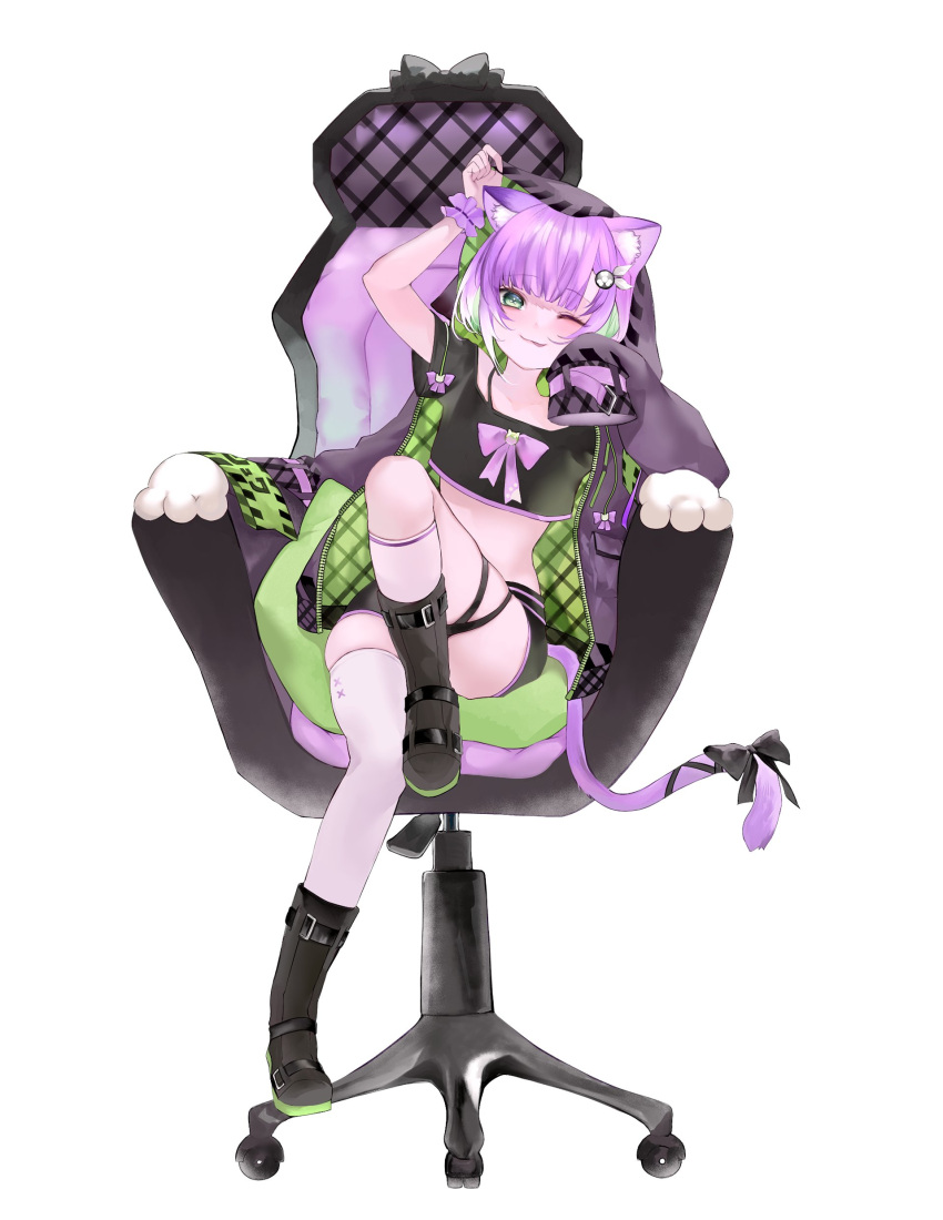 1girl ;p absurdres animal_ears black_footwear black_shirt black_shorts boots cat_ears cat_girl cat_tail chair colored_inner_hair crop_top cropped_shirt full_body gaming_chair gradient_hair green_eyes green_hair highres indie_virtual_youtuber jacket jacket_partially_removed long_sleeves looking_at_viewer multicolored_hair nennekorori4 one_eye_closed open_clothes open_jacket purple_hair second-party_source shirt short_hair short_sleeves shorts shwaa sitting sleeves_past_fingers sleeves_past_wrists swivel_chair tail tongue tongue_out virtual_youtuber white_hair