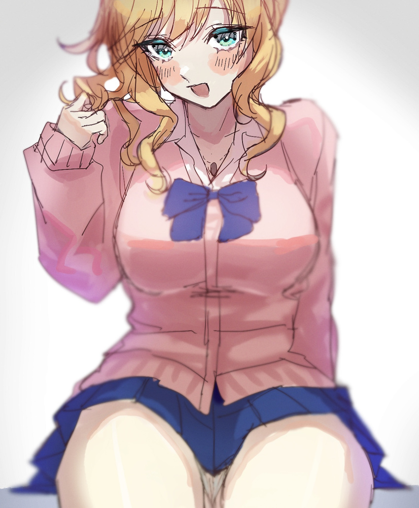 1girl :d bangs blonde_hair blue_bow blue_bowtie blue_skirt blush bow bowtie breasts collarbone collared_shirt fujima_(k114) grey_eyes hand_up highres idolmaster idolmaster_cinderella_girls jewelry large_breasts long_hair long_sleeves miniskirt necklace ohtsuki_yui open_mouth pleated_skirt shirt simple_background sitting sketch skirt smile solo white_background