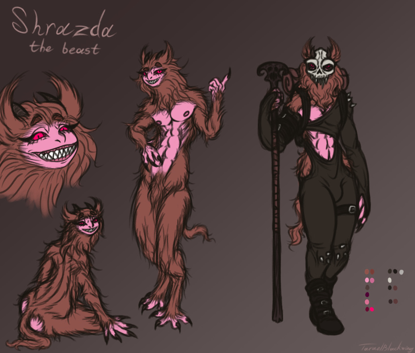 abs anthro armor backpack belt brown_body brown_fur bulge butt claws clothed clothing color_swatch crotch_tuft demon digitigrade eyelashes fur grin hi_res horn leather leather_armor long_eyelashes looking_at_viewer male mask melee_weapon model_sheet nipples nude pink_body pink_skin polearm pupils red_eyes sharp_teeth shrazda_(taraelblackwing) sitting skull_mask slit_pupils smile solo staff standing taraelblackwing teeth tuft weapon