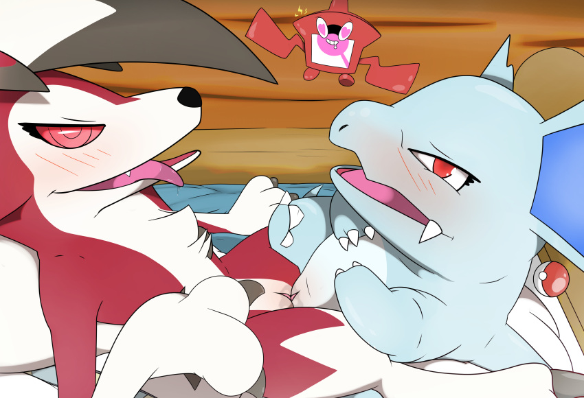 absurd_res beautyfromabove blush claws duo female female/female fur generation_1_pokemon generation_4_pokemon generation_7_pokemon genitals hi_res lycanroc midnight_lycanroc nidorina nintendo open_mouth paws pokemon pokemon_(species) pussy red_eyes rotom rotom_pokedex tongue tongue_out