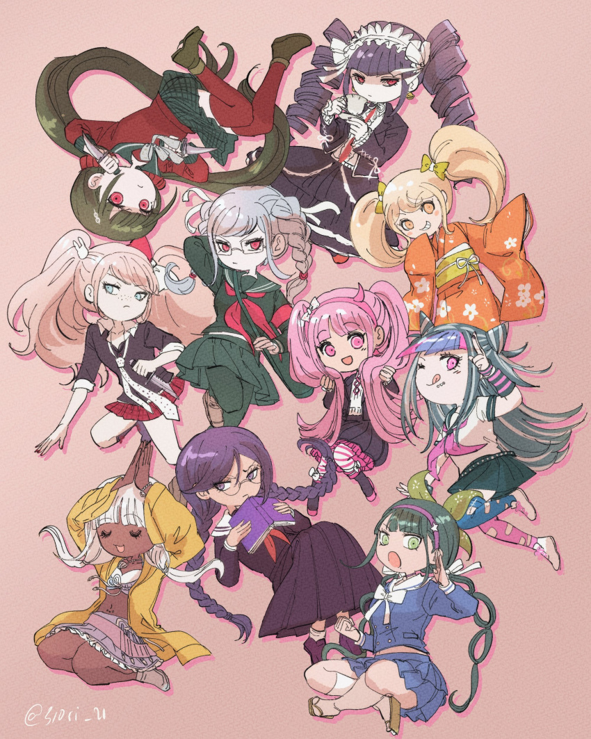 6+girls :d ;q absurdres asymmetrical_legwear bangs black_hair black_jacket black_nails black_pantyhose black_shirt black_skirt blonde_hair blue_hair blue_shirt blue_skirt blue_thighhighs bow bowtie braid brown_background brown_footwear brown_hair celestia_ludenberg chabashira_tenko closed_mouth cosplay danganronpa:_trigger_happy_havoc danganronpa_(series) danganronpa_2:_goodbye_despair danganronpa_another_episode:_ultra_despair_girls danganronpa_v3:_killing_harmony dark-skinned_female dark_skin drill_hair earrings enoshima_junko enoshima_junko_(cosplay) fake_horns freckles fukawa_touko glasses grey_hair grey_skirt grin hair_bow hair_ornament hairclip harukawa_maki highres holding holding_knife horns ikusaba_mukuro jacket japanese_clothes jewelry kimono knife long_hair midori_(310ri_21) miniskirt mioda_ibuki mismatched_legwear multiple_girls nail_polish navel navel_piercing neckerchief necktie obi one_eye_closed open_clothes open_jacket open_mouth orange_eyes orange_kimono pantyhose pekoyama_peko piercing pink_eyes pink_hair pink_neckerchief pink_thighhighs plaid plaid_skirt pleated_skirt rabbit_hair_ornament red_eyes red_neckerchief red_necktie red_shirt red_thighhighs round_eyewear sash shirt shoes short_sleeves simple_background skirt smile teeth thighhighs tongue tongue_out torn_clothes torn_thighhighs twin_braids twin_drills twintails utsugi_kotoko v white_bow white_bowtie white_hair white_necktie white_shirt yellow_jacket yonaga_angie