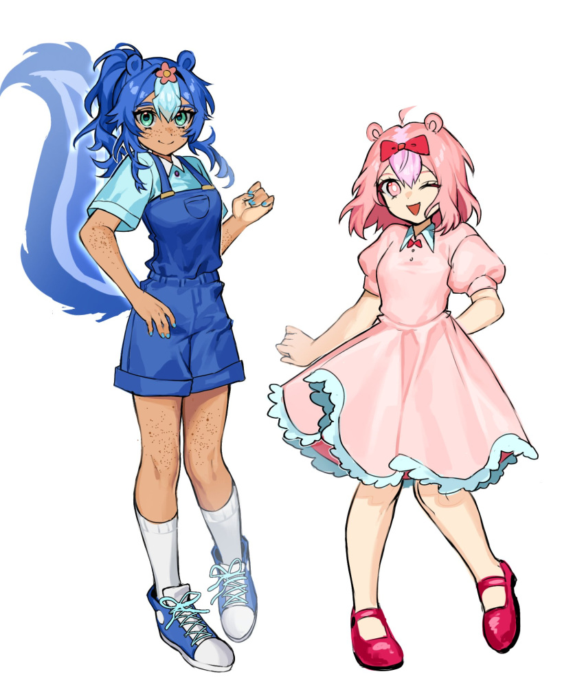 2girls :d ahoge animal_ears blue_eyes blue_hair blue_nails blue_overalls blue_shirt bow closed_mouth dark-skinned_female dark_skin dress flower freckles frills full_body giggles_(happy_tree_friends) hair_bow hair_flower hair_ornament happy_tree_friends highres looking_at_viewer mary_felizola medium_hair multiple_girls one_eye_closed overall_shorts overalls petunia_(happy_tree_friends) pink_dress pink_eyes pink_hair ponytail red_footwear shirt shoes short_sleeves simple_background smile sneakers socks tail white_background