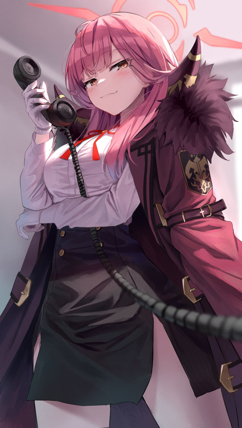 1girl arm_under_breasts aru_(blue_archive) bangs black_skirt blue_archive blush buckle closed_mouth coat coat_on_shoulders corded_phone demon_horns fur-trimmed_coat fur_trim gloves halo high-waist_skirt highres holding holding_phone horns long_coat long_hair looking_at_viewer neck_ribbon open_clothes open_coat pencil_skirt phone pink_hair red_coat red_ribbon ribbon shirt side_slit skirt solo superpig white_gloves white_shirt yellow_eyes