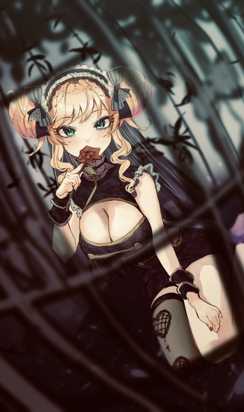 1girl bangs bare_shoulders birdcage black_dress black_thighhighs bow breasts cage cleavage double_bun dress flower frilled_hairband frills fujima_(k114) grey_bow grey_eyes hair_bow hair_bun hairband hand_up highres idolmaster idolmaster_cinderella_girls large_breasts nail_polish ohtsuki_yui red_flower red_nails red_rose rose single_thighhigh solo thighhighs wrist_cuffs
