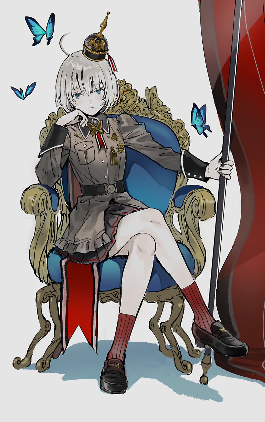 ahoge arm_support black_skirt blue_butterfly blue_eyes bug butterfly c-93_(girls'_frontline) commentary_request crossed_legs dm_owr flag full_body girls'_frontline grey_hair hair_between_eyes helmet highres holding holding_flag light_smile loafers looking_at_viewer military military_uniform on_chair pickelhaube pleated_skirt red_socks shoes short_hair sitting skirt socks uniform