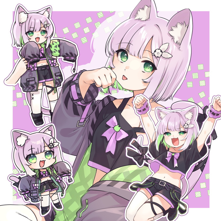 1girl :d :p absurdres animal_ear_fluff animal_ears black_shirt black_shorts border cat_ears cat_girl cat_tail chibi colored_inner_hair commission crop_top cropped_shirt disembodied_limb fang green_eyes green_hair highres indie_virtual_youtuber jacket light_purple_hair long_sleeves longcat_(meme) looking_at_viewer medaka_h2 meme multicolored_hair navel open_clothes open_jacket outline purple_jacket shirt short_hair short_shorts short_sleeves shorts shwaa simple_background single_thighhigh skeb_commission skin_fang sleeves_past_fingers sleeves_past_wrists smile stomach tail thighhighs tongue tongue_out two-tone_hair virtual_youtuber white_border white_thighhighs