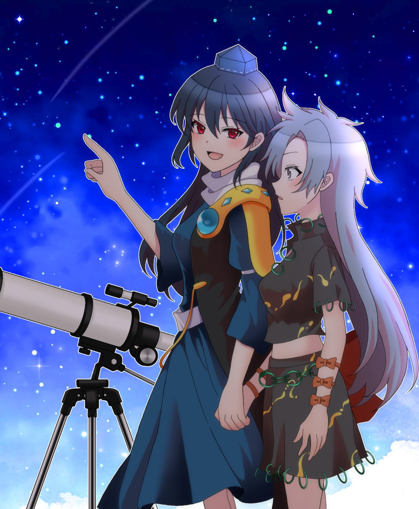 2girls :d armor bangs black_shirt blue_dress blue_hair blush bow breasts dark_blue_hair dress grey_hair hair_between_eyes hat highres himemushi_momoyo holding_hands iizunamaru_megumu large_breasts long_hair looking_ahead looking_at_another messy_hair midriff multiple_girls night night_sky oni_tama open_mouth orange_bow outline parted_lips pauldrons pointing pointing_up profile red_eyes shirt short_sleeves shoulder_armor single_pauldron sky smile standing star_(sky) telescope tokin_hat touhou very_long_hair waistcoat white_outline yuri