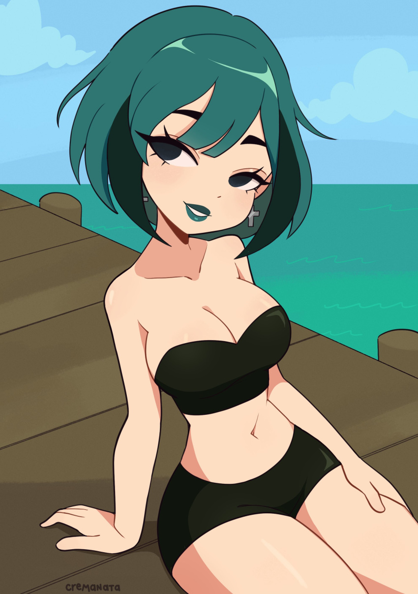 1girl absurdres black_shorts blue_sky breasts cleavage cremanata earrings gwen_(total_drama) hairstyle_request highres jewelry large_breasts medium_hair midriff pier shorts sitting sky teeth total_drama water