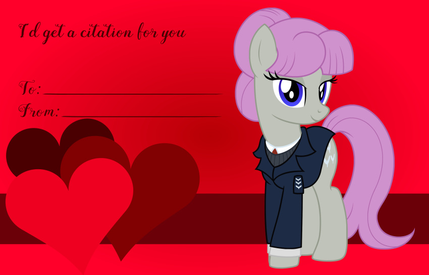&lt;3 badumsquish blue_eyes clothing earth_pony english_text equid equine fan_character hair hasbro hi_res holidays horse looking_at_viewer mammal my_little_pony pink_hair pony queue_(oc) text uniform valentine's_day valentines_day_card