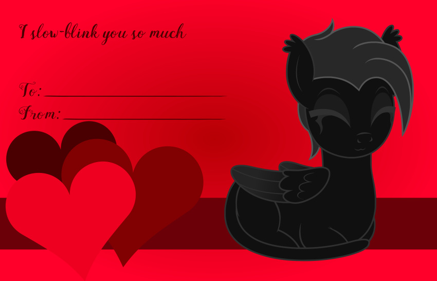 badumsquish black_body black_fur black_hair catloaf eyes_closed fan_character felid fur hair hasbro hi_res holidays kohl_(oc) loaf mammal my_little_pony mythological_sphinx mythology sitting solo valentine's_day valentines_day_card wings