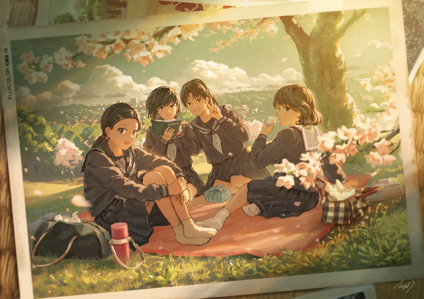 4girls bag bangs black_eyes black_hair blue_bag blue_sailor_collar blue_serafuku blue_shirt blue_skirt book cherry_blossoms cloud grin hand_on_another's_shoulder highres holding holding_book long_hair looking_at_viewer multiple_girls neckerchief open_mouth original outdoors photo_(object) picnic pleated_skirt sailor_collar school_bag school_uniform serafuku shirt short_hair signature sitting skirt sky smile socks sugi87 v white_neckerchief white_socks