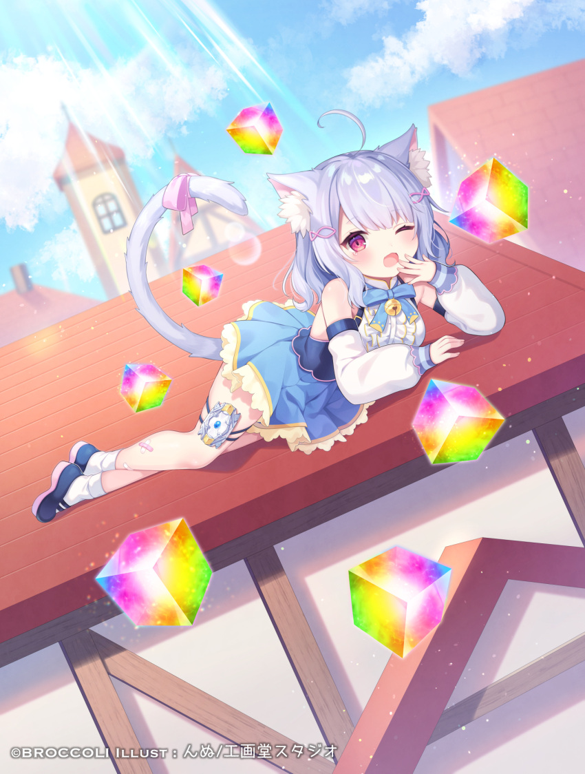 1girl ahoge animal_ear_fluff animal_ears bell black_footwear blue_bow blue_skirt blue_sky blush bow breasts cat_ears cat_girl cat_tail center_frills character_request cloud commentary_request cube day detached_sleeves fang fish_hair_ornament frills hair_ornament hand_to_own_mouth highres jingle_bell komachi_pochi long_sleeves looking_at_viewer medium_breasts neck_bell official_art on_roof one_eye_closed open_mouth outdoors pleated_skirt puffy_long_sleeves puffy_sleeves purple_hair red_eyes rooftop shirt shoes skirt sky sleeveless sleeveless_shirt sleeves_past_wrists socks solo tail tears tower vividz white_shirt white_sleeves white_socks window