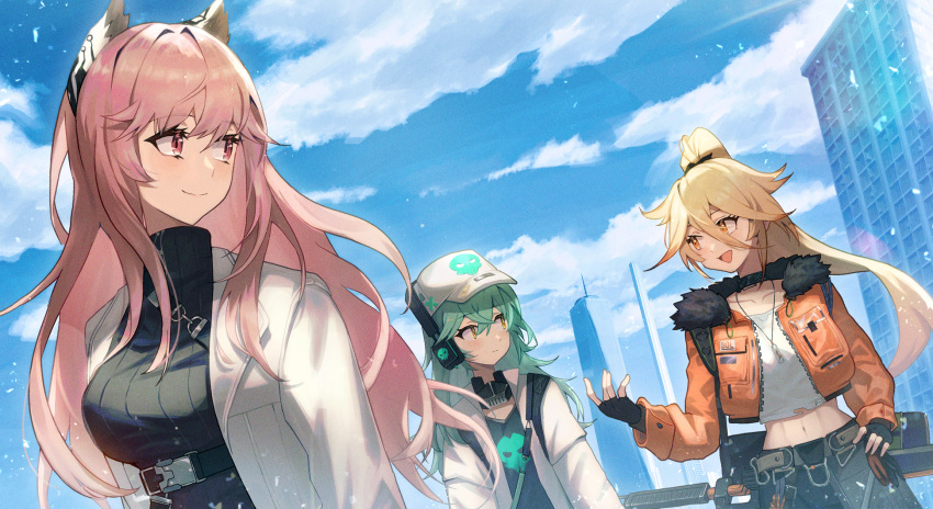 3girls animal_ears antonina_(girls'_frontline_nc) aqua_hair baseball_cap black_gloves blonde_hair breasts building cloud cloudy_sky collarbone commentary_request fingerless_gloves fur-trimmed_jacket fur_trim girls'_frontline girls'_frontline_neural_cloud gloves hair_between_eyes hat headphones highres jacket jewelry labcoat large_breasts long_hair looking_at_another looking_back midriff multiple_girls navel necklace open_clothes open_jacket open_mouth orange_eyes orange_jacket outdoors persicaria_(girls'_frontline_nc) pink_eyes pink_hair ponytail ribbed_sweater shirt skull_print sky smile sol_(girls'_frontline_nc) sweater talking white_headwear white_shirt yellow_eyes zakkuri