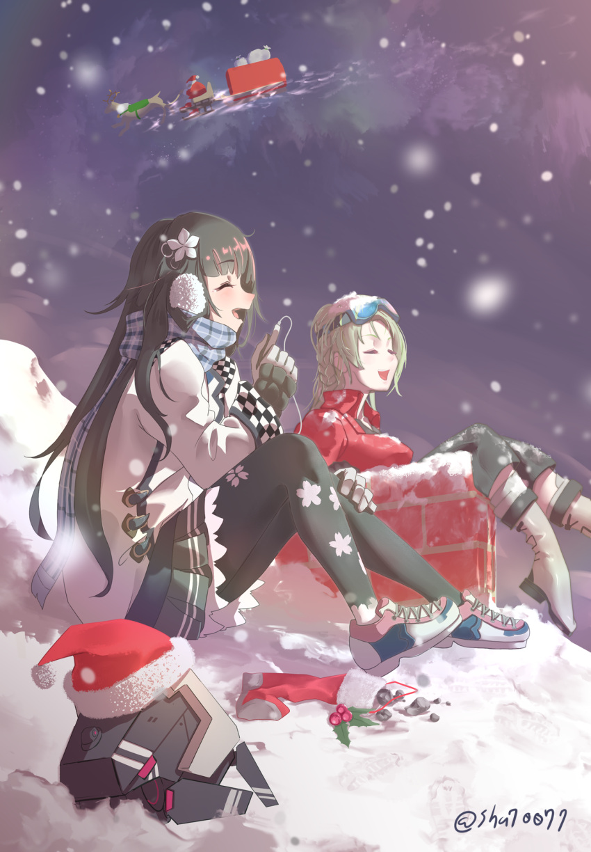 2girls black_hair blue_scarf boots chimney christmas christmas_stocking closed_eyes coal coat digital_media_player dinergate_(girls'_frontline) earmuffs floral_print fp-6_(girls'_frontline) fp-6_(satellite_of_love)_(girls'_frontline) girls'_frontline gloves goggles goggles_on_head green_hair hat highres long_hair multiple_girls official_alternate_costume open_mouth pantyhose plaid plaid_scarf pleated_skirt red_coat reindeer rooftop santa_claus santa_hat scarf shoes shu70077 sitting skirt sleigh smile sneakers snow snowing twitter_username type_100_(girls'_frontline) type_100_(treasure_buried_deep_within)_(girls'_frontline) white_coat winter winter_clothes