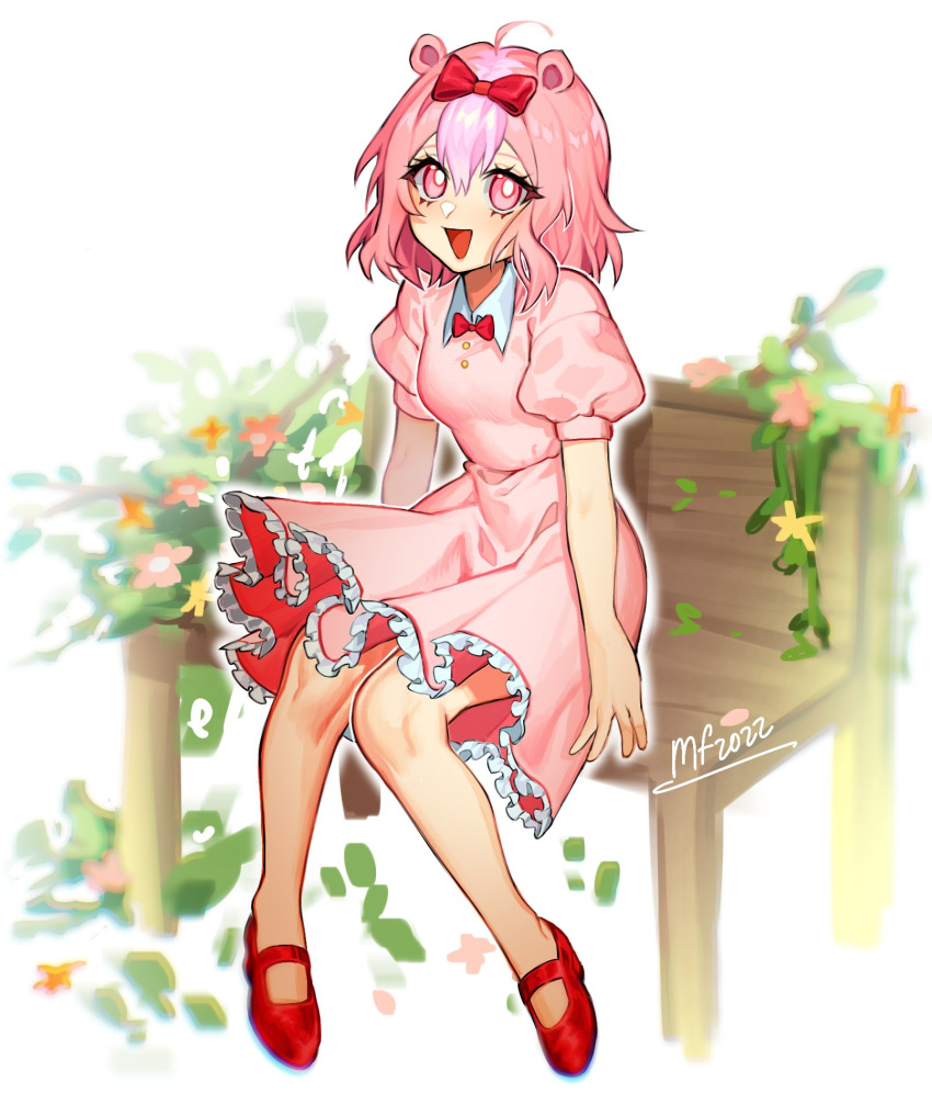 1girl :d animal_ears bench dated dress frills full_body giggles_(happy_tree_friends) happy_tree_friends highres humanization looking_at_viewer mary_felizola park_bench pink_dress pink_eyes pink_hair red_footwear short_sleeves signature sitting smile solo white_background