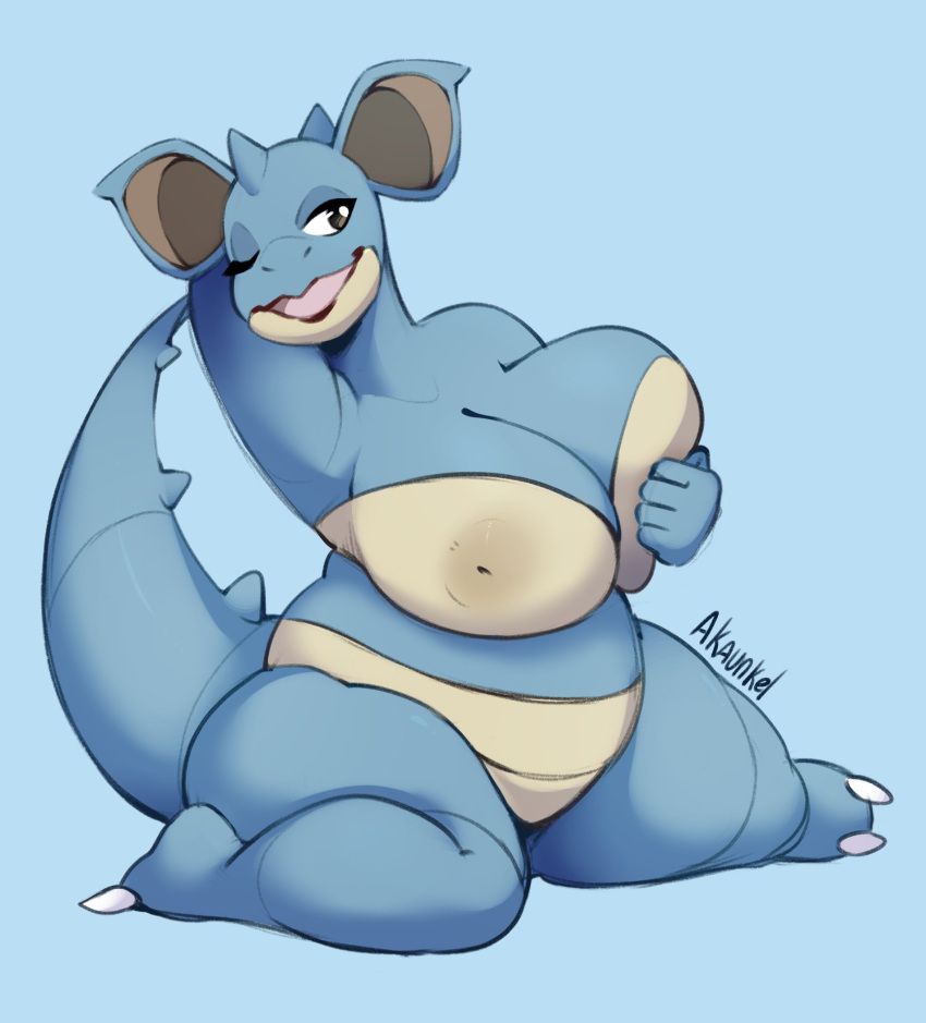 akaunkel anthro anthrofied big_breasts blue_background breasts brown_eyes female generation_1_pokemon hand_behind_head hi_res huge_breasts lipstick makeup mature_female nidoqueen nintendo one_eye_closed open_mouth pokemon pokemon_(species) simple_background slightly_chubby smile solo stocky thick_thighs