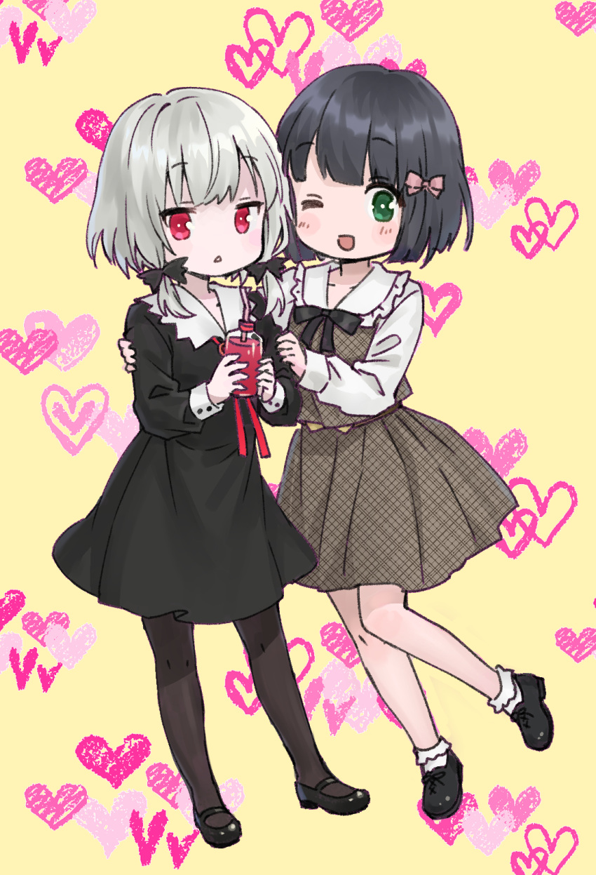 2girls :&lt; ;d alternate_hair_length alternate_hairstyle ama-tou amano_akari ankle_socks bangs black_bow black_bowtie black_dress black_footwear black_hair black_pantyhose blunt_bangs blunt_ends blush_stickers bob_cut bobby_socks bow bowtie collared_dress cross-laced_footwear cup dress drink drinking_blood drinking_straw frilled_shirt_collar frilled_socks frills full_body green_eyes grey_hair hair_bow hair_ribbon hands_on_another's_arms hands_on_another's_shoulders hands_up heart heart_background highres holding holding_cup holding_drink leg_up legs_apart long_sleeves looking_at_viewer mary_janes multiple_girls no_nose official_art one_eye_closed oxfords pale_skin pantyhose parted_lips pink_bow plaid puffy_long_sleeves puffy_sleeves red_eyes red_ribbon ribbon shoelaces shoes short_hair sleeve_cuffs smile socks sophie_twilight standing tareme tonari_no_kyuuketsuki-san tress_ribbon triangle_mouth w_arms white_socks wing_collar yellow_background